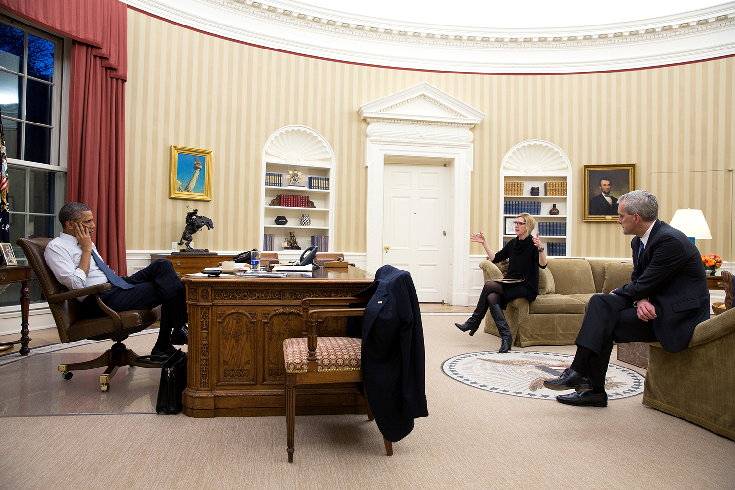Barack Obama meets with Kathryn Ruemmler and Denis McDonough in the Oval Office, 2014