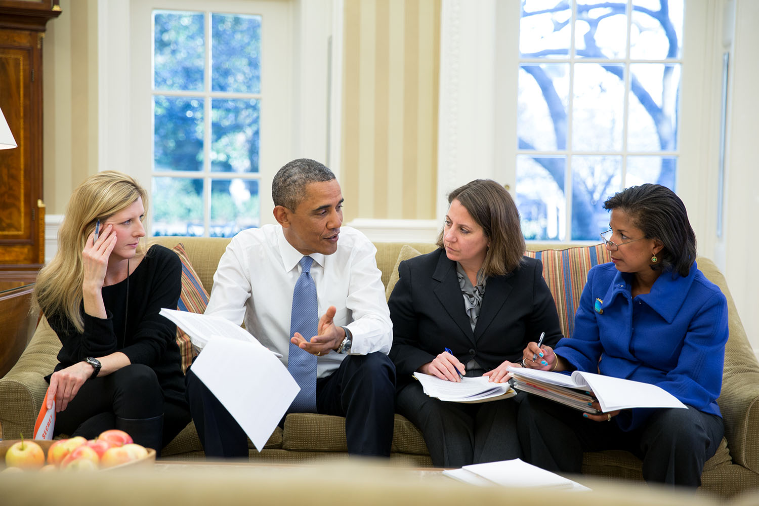 Barack Obama meets with Kathryn Ruemmler, Lisa Monaco, and Susan E. Rice, 2014