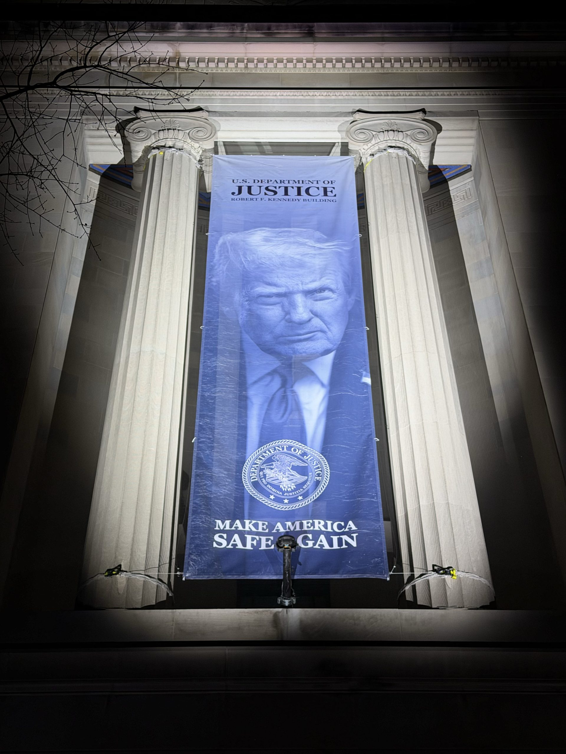 Donald Trump banner on DOJ building, Washington, D.C. (2026 02 26)