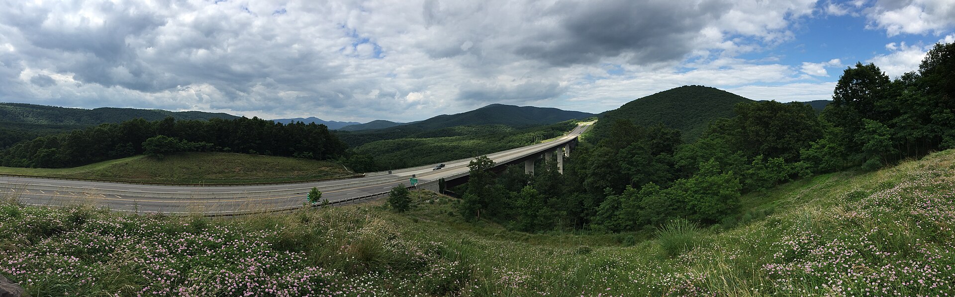 2016 07 08 16 12 33 Panorama north and east across U.S. Route 48 and West Virginia State Route 55 (Corridor H) as it crosses Clifford Hollow in Hardy County, West Virginia