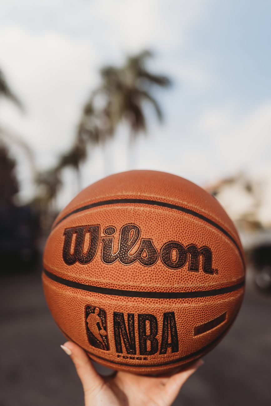 A close up outdoor shot of a Wilson basketball, featuring NBA logo, held by a hand with palm trees in the background.