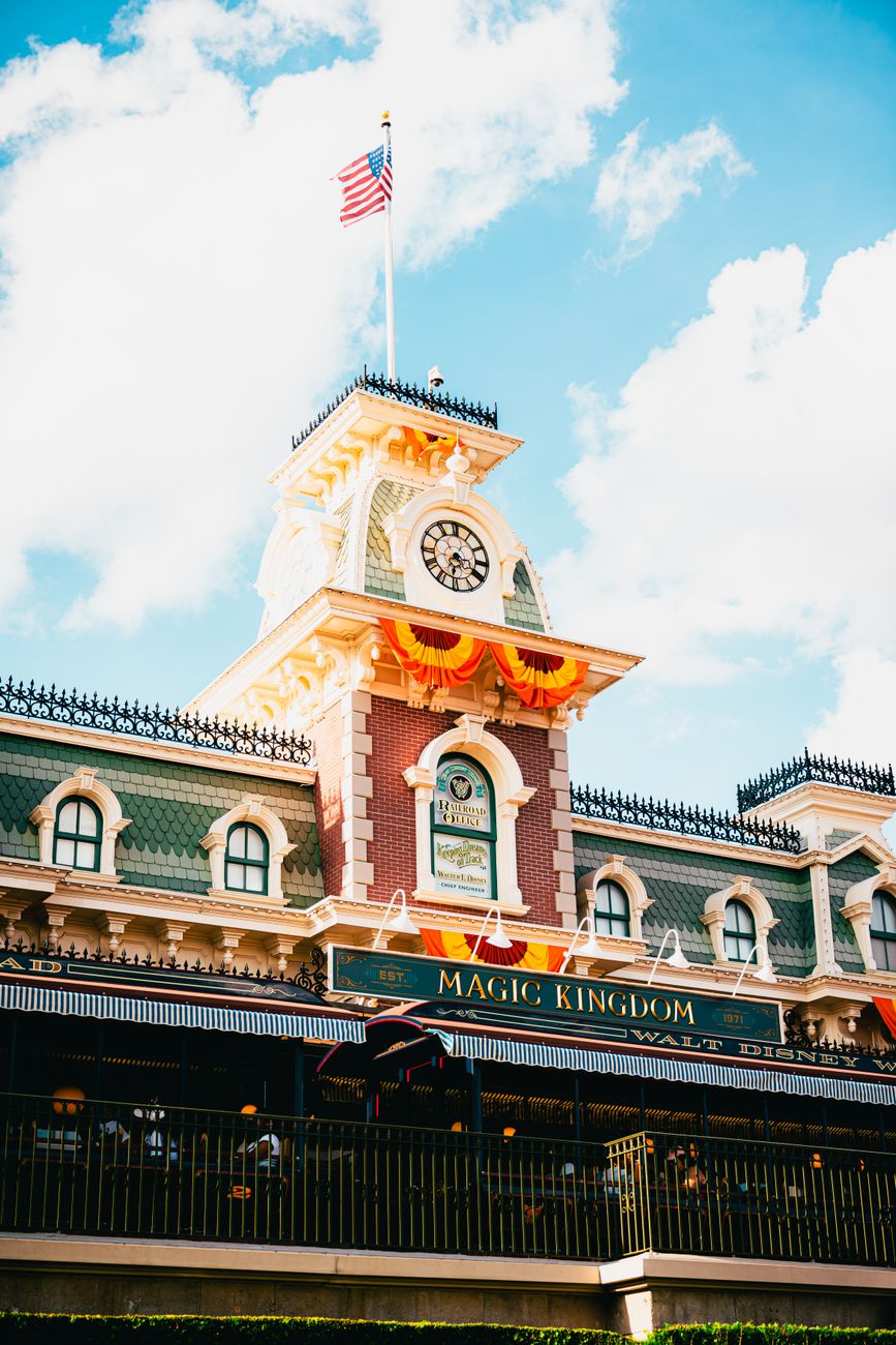 Low angle view of the iconic Magic Kingdom entrance at Walt Disney World, Orlando.