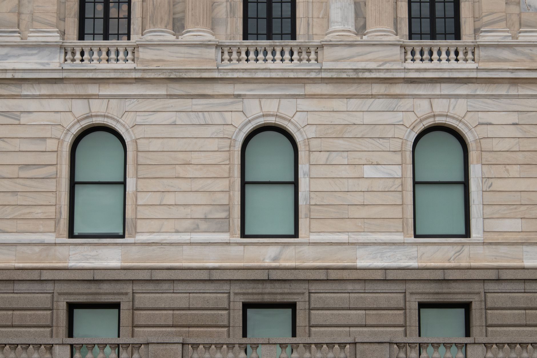 Detailed view of the Minnesota State Capitol's architectural facade in Saint Paul.