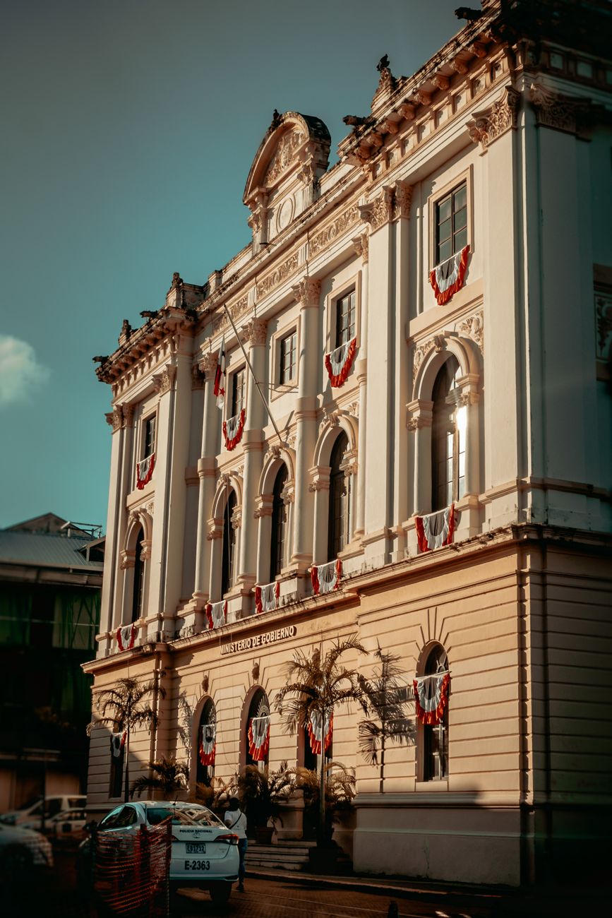 A classic architecture featuring a historic government building in Panama City, Panama.