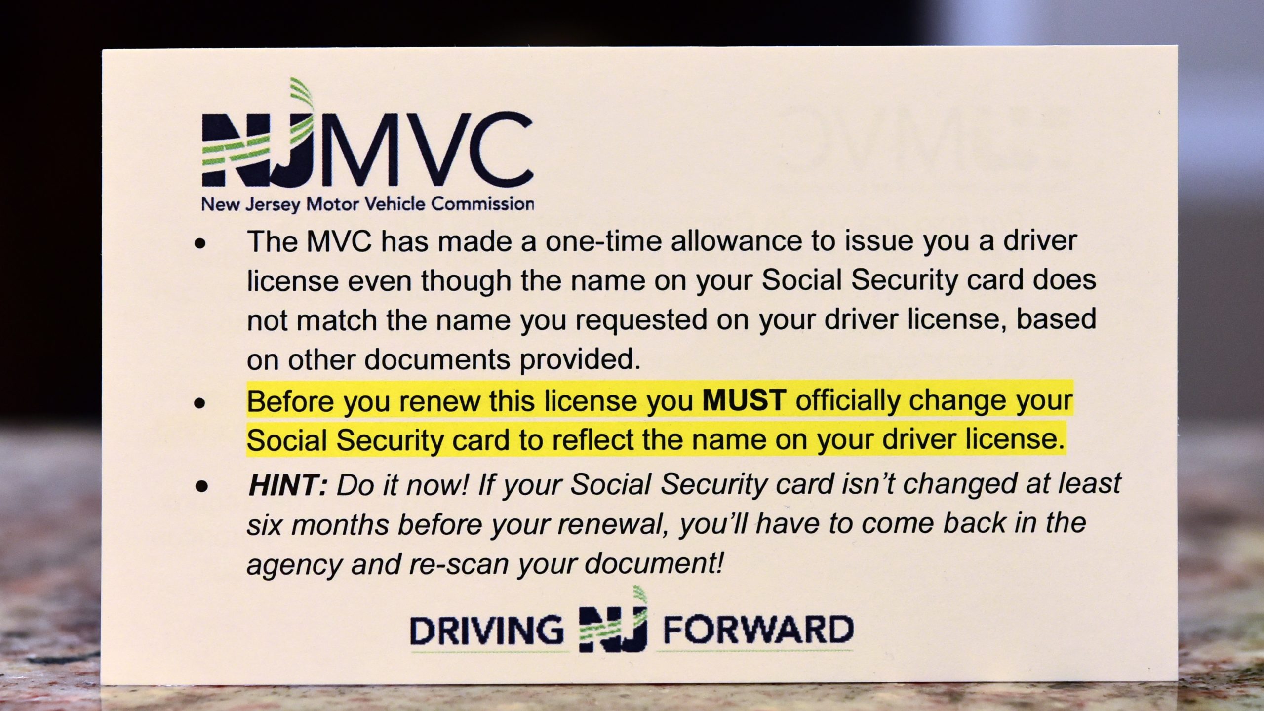Card from New Jersey Motor Vehicles Commission Requiring New Social Security Card