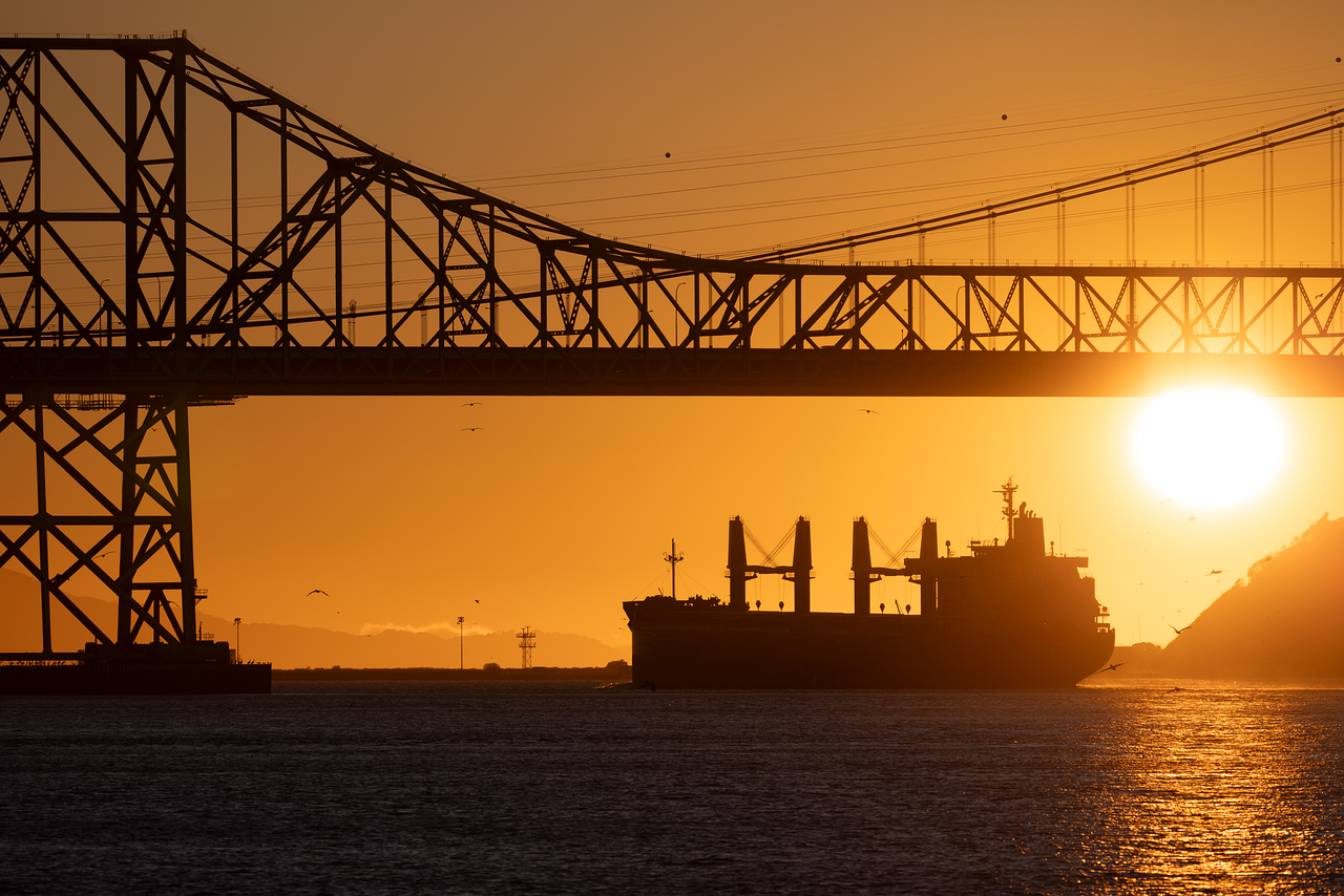 boat, ship, sunset, bridge, oil tanker, tanker, silhouette, steel bridge, nature, sky