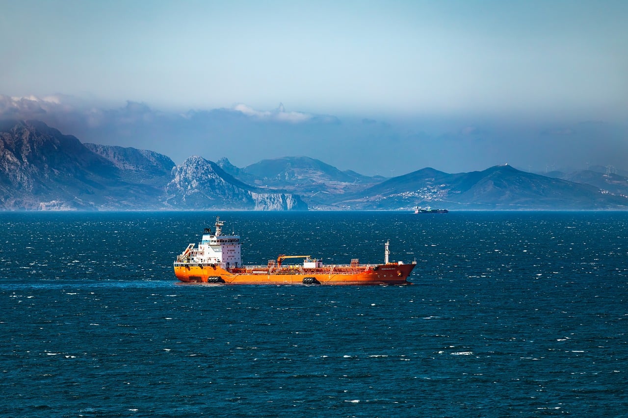 ship, sea, water, sight, transport, cargo ship, tanker, oil, mountains, nature, gibraltar, coastline, strait