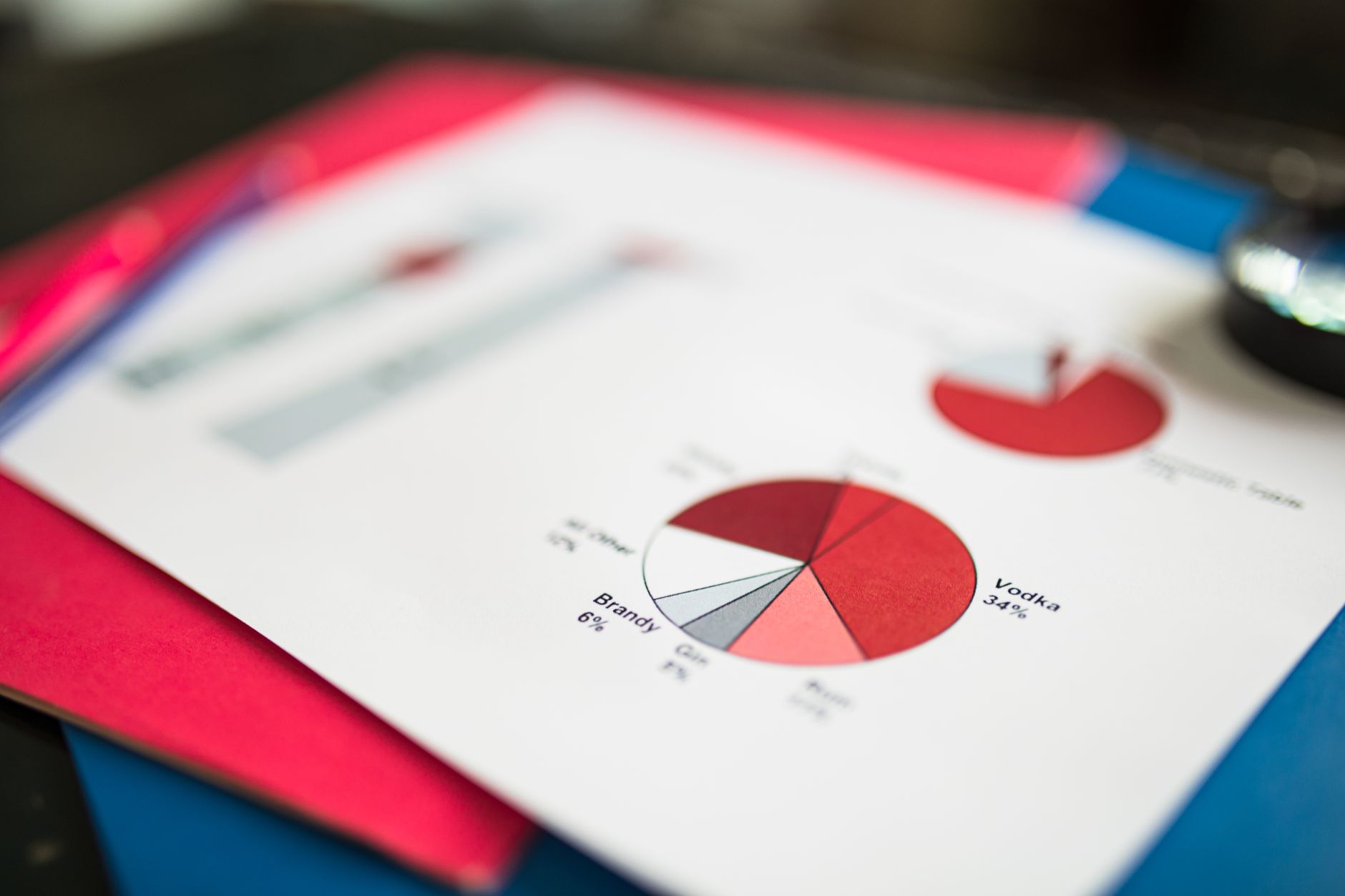 Close up of financial pie chart on colorful paper, highlighting data analysis concepts.