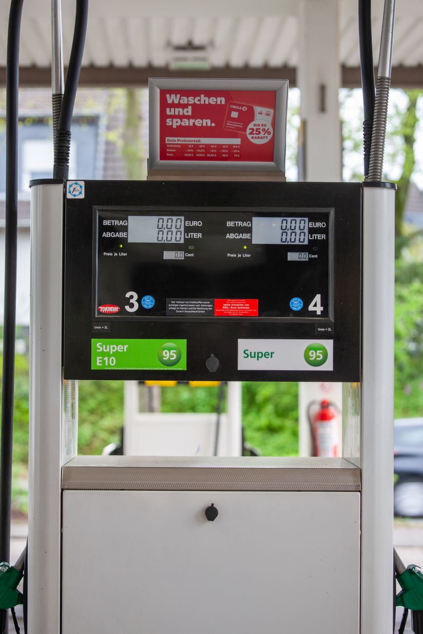 Detailed view of a modern gas pump at a fuel station in Bergisch Gladbach, Germany.