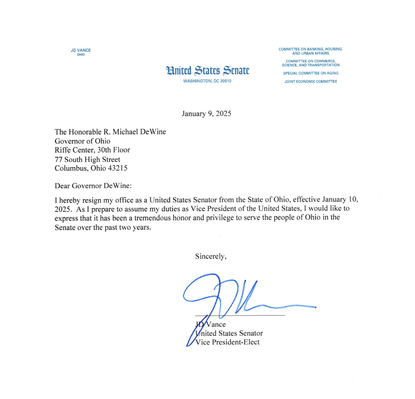 J.D. Vance Senate Resignation Letter