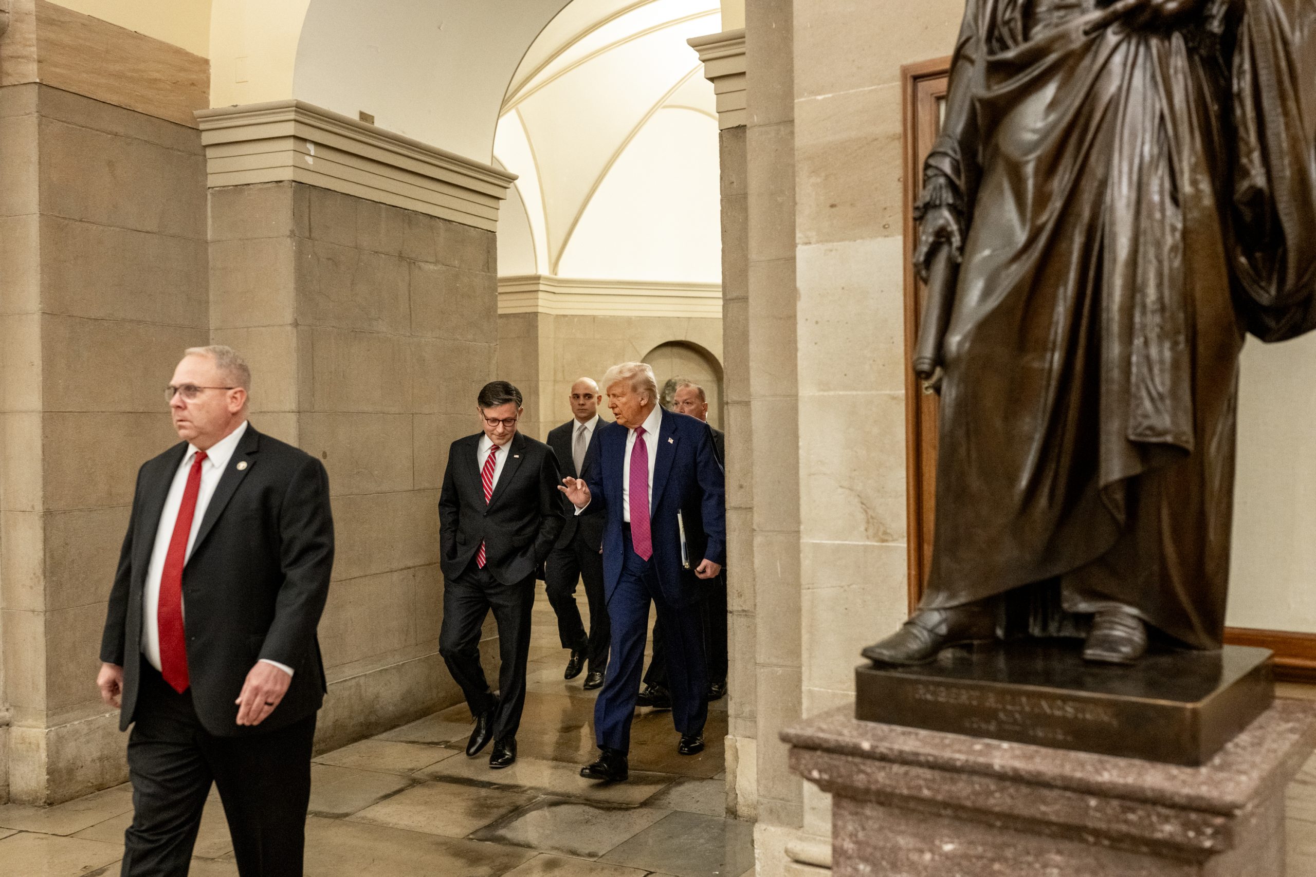 President Donald Trump and Speaker of the House Mike Johnson speak to members of the media at the U.S. Capitol P20250520MR 0217 (54536150533)