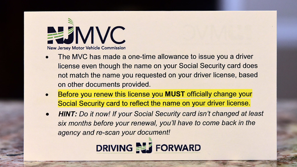 Card from New Jersey Motor Vehicles Commission Requiring New Social Security Card