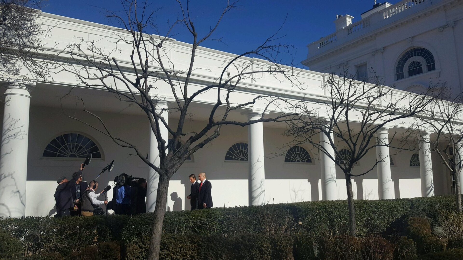 Donald Trump walking through west colonnade during an interview by David Muir for ABC