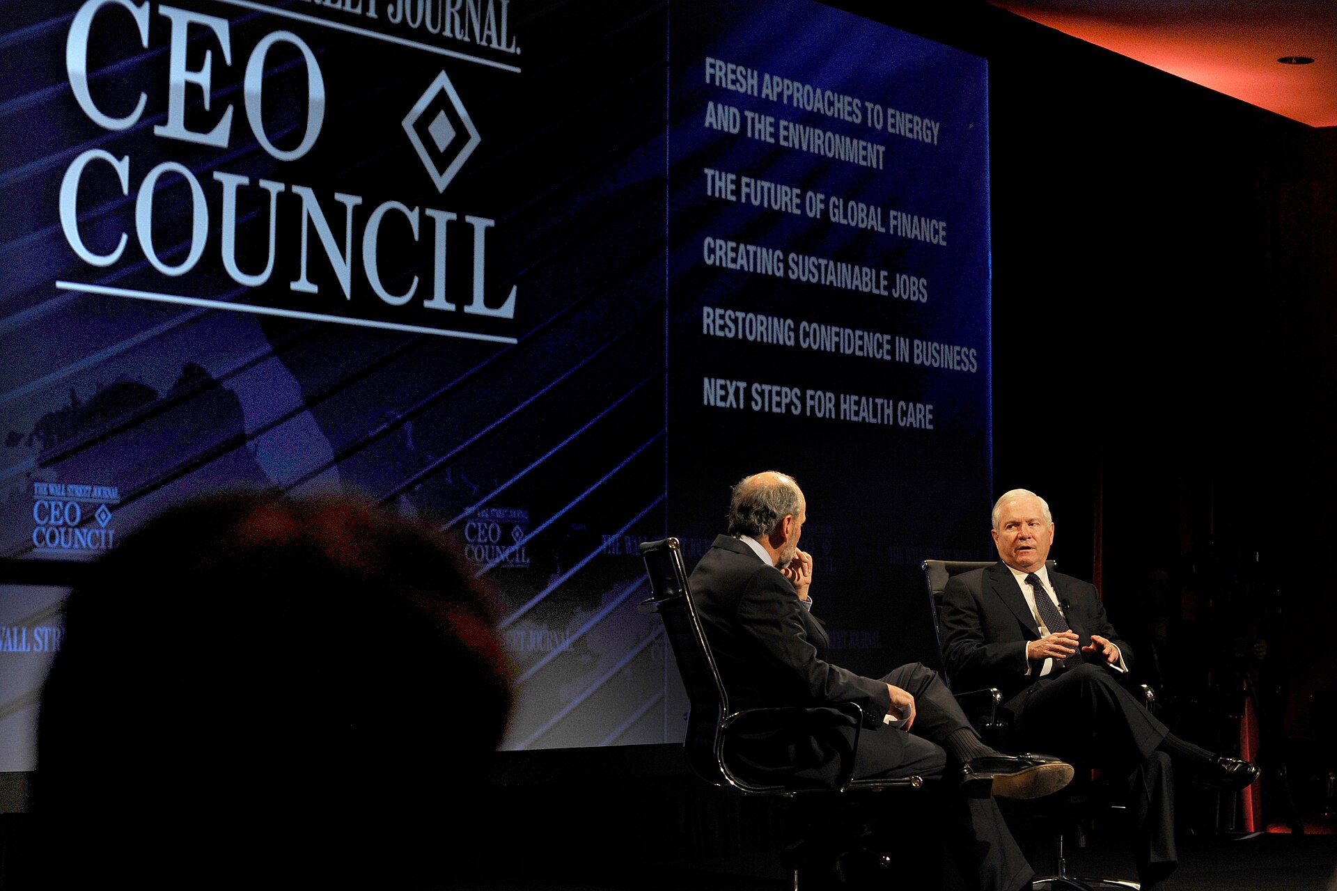 Defense.gov News Photo 101116 D 9880W 058 Secretary of Defense Robert M. Gates right answers questions presented by interviewer Gerald Seib left at the Wall Street Journal sponsored CEO