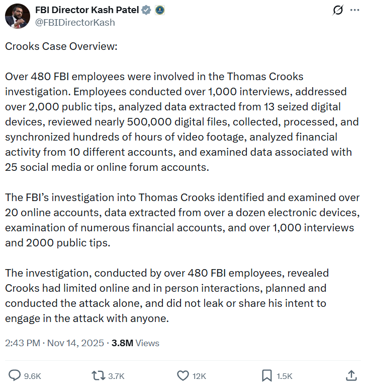 Attempted Assassination of Donald Trump in Pennsylvania Case Overview FBI Director Kash Patel