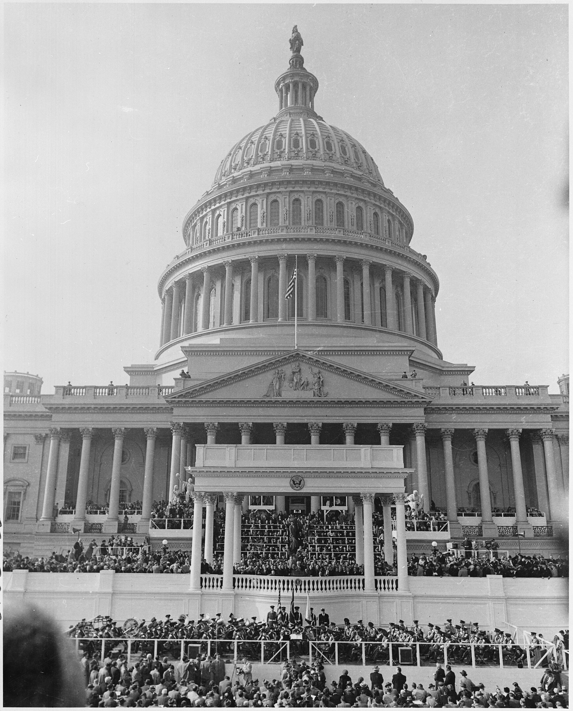 Photograph of the U.S. Capitol and the Inaugural platform during ceremonies marking the Inauguration of Dwight D.... NARA 200417