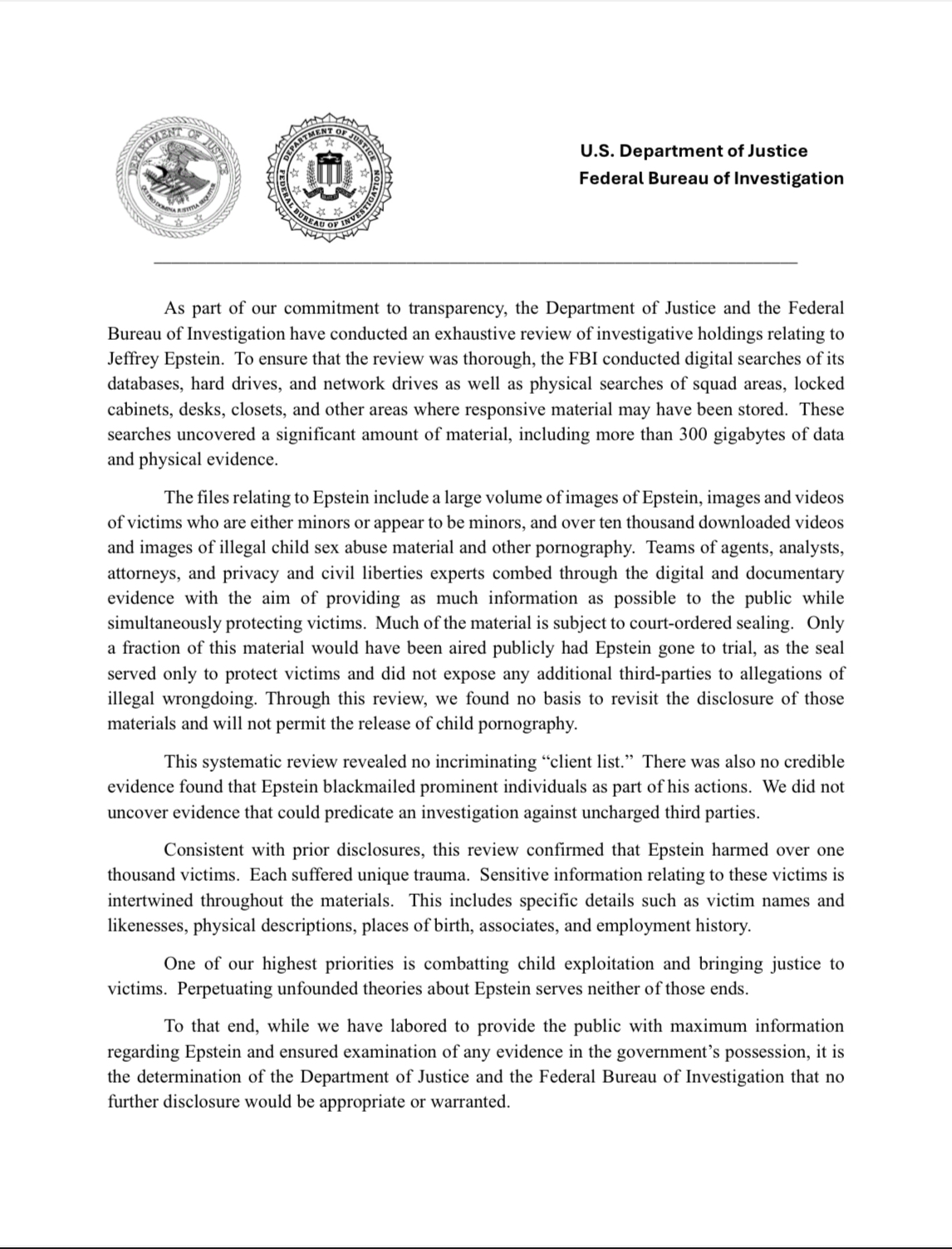 First page of the memo released in July 2025 by the FBI about the final investigation findings of Jeffrey Epstein 01
