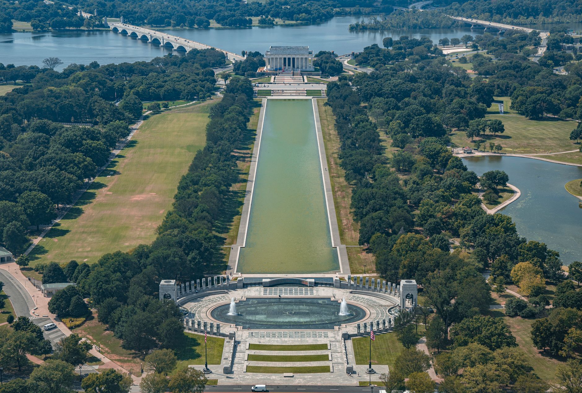 A scenic aerial view of the Lincoln Memorial with the Reflecting Pool in Washington D.C.