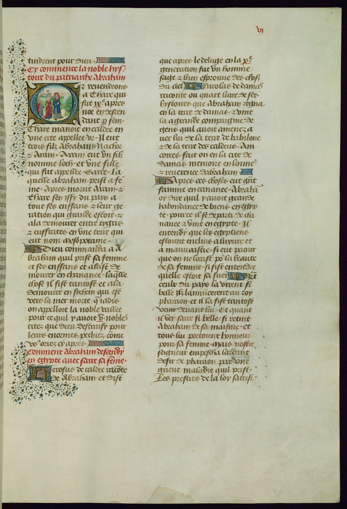 &amp;#39;Trésor de sapience&amp;#39; (Creation to 138 CE), Historiated initial &amp;#39;O&amp;#39; with Thare, his son Abraham, daughter in law Sarah, and grandson Lot en route from Ur to the land of Canaan, Walters Manuscript W.307, fol. 6r