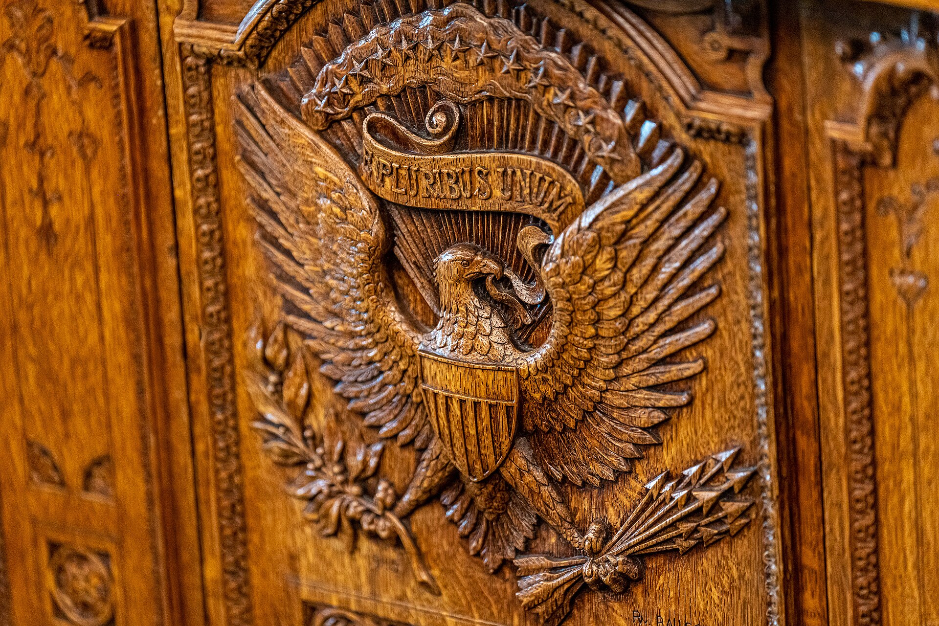 Carved detail of the Resolute Desk on April 29, 2024 in the White House Oval Office