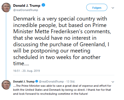 Donald Trump 2019 08 20 1651 tweet on Denmark's Greenland deal denial
