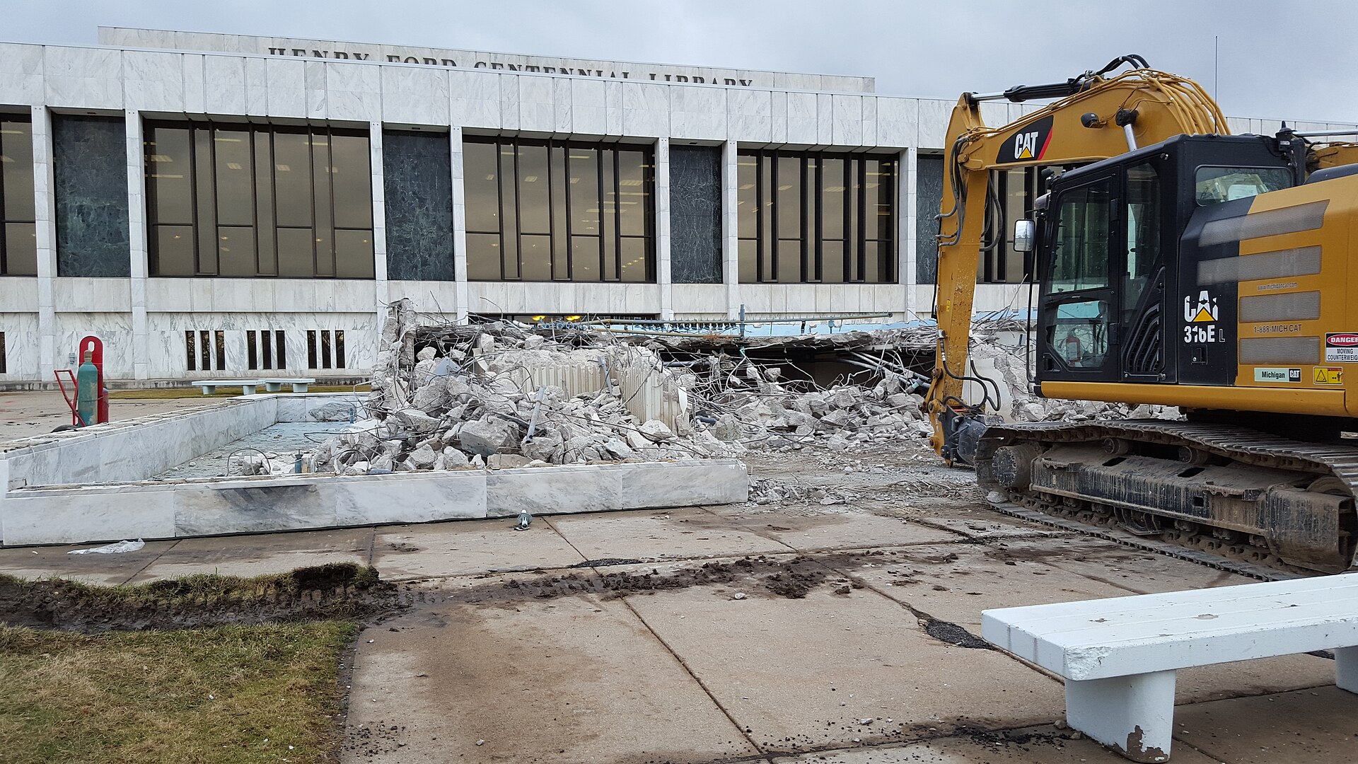 Demolition of fountain, Centennial Library, Dearborn, Michigan
