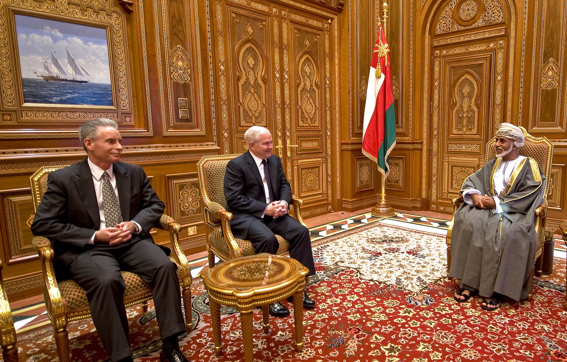 Defense.gov News Photo 101205 F 6655M 007 Secretary of Defense Robert M. Gates talks with Omani Sultan Qaboos at the Bait Al Baraka Palace in Muscat, Oman, on Dec. 5, 2010